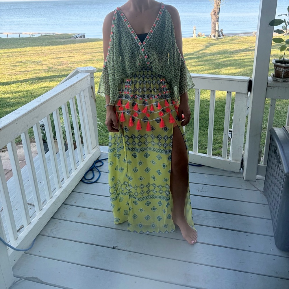 Ramy Brook Green Patterned Maxi Dress with Neon Tassel Accents